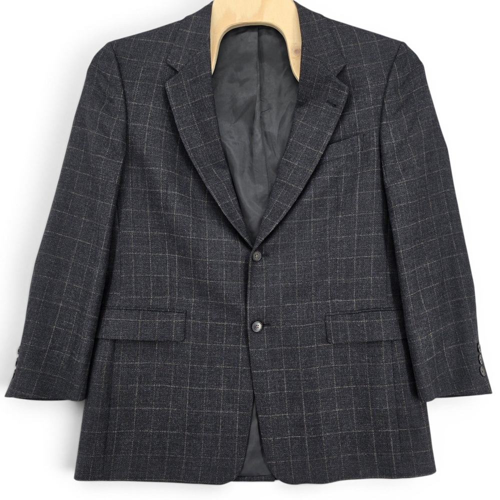 Hart Schaffner Marx 43R Gray‎ Windowpane Wool Sport Coat Blazer USA Luxury